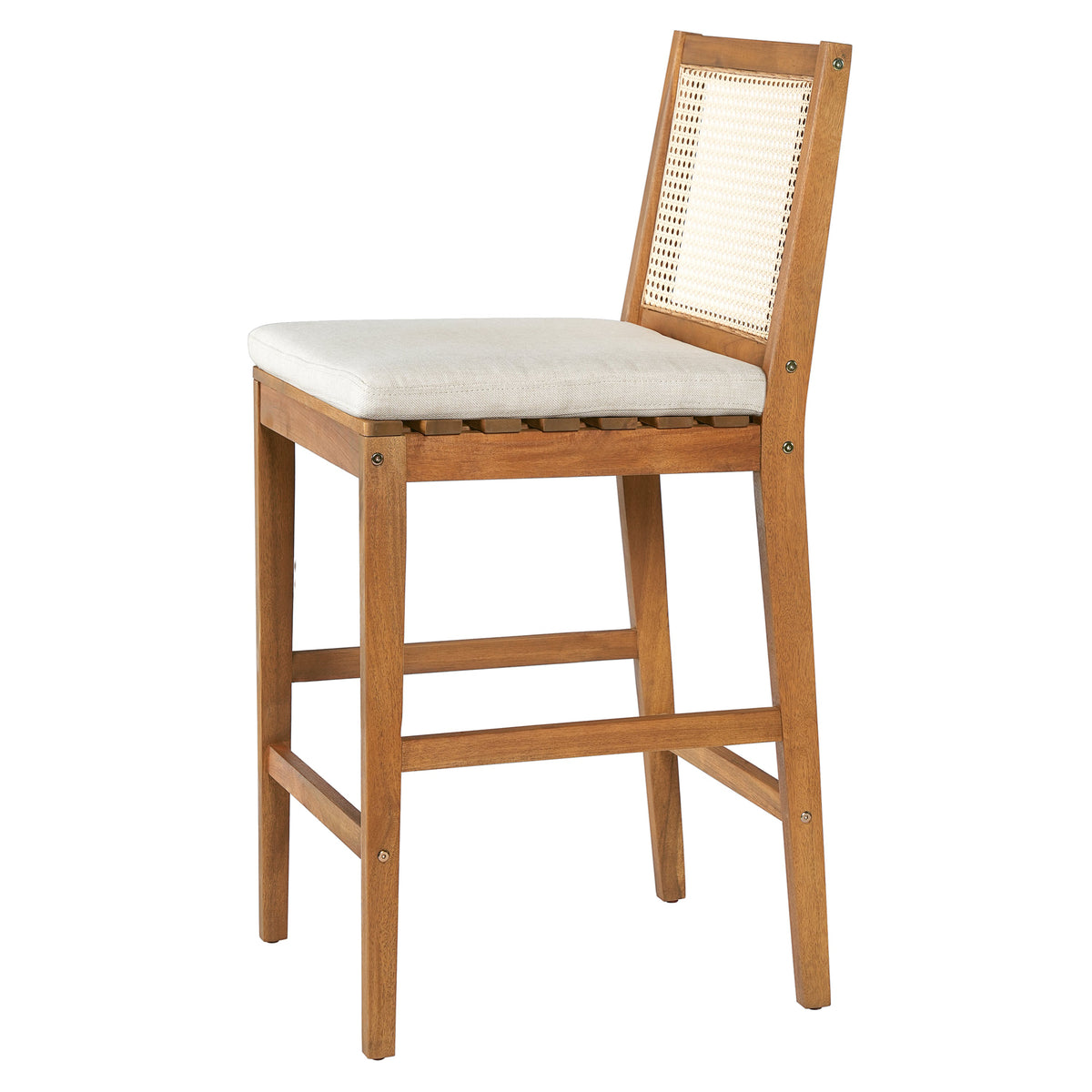 Kirkby Acacia Wood Outdoor Barstool with Woven Rattan Backrest & Cushion  Short + Clean