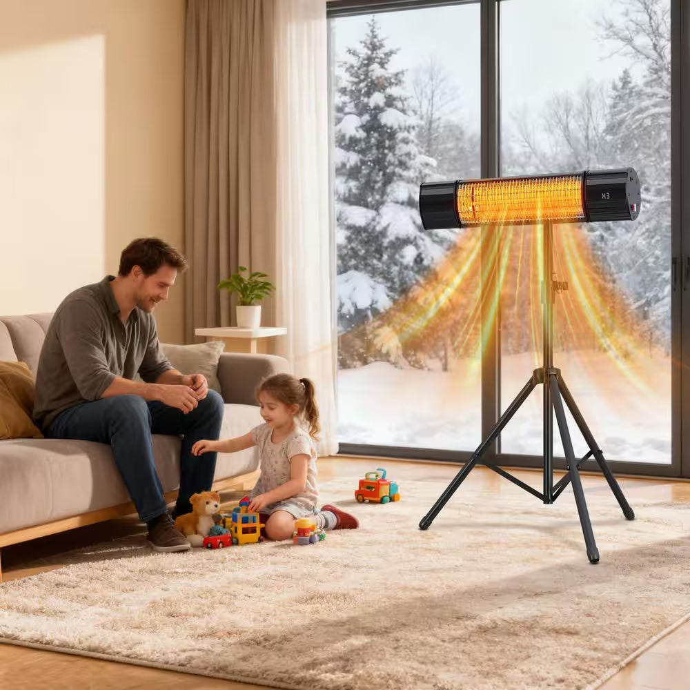 1500W Indoor Outdoor Carbon Infrared Electric Heater with Tripod Stand Wall Mount Remote Timer Tip-Over Switch