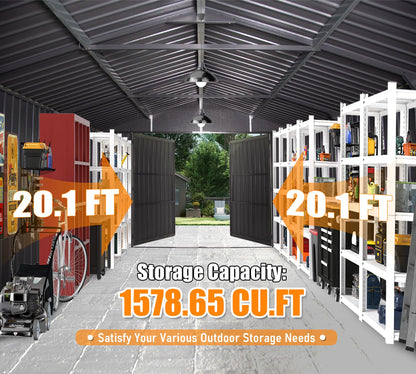 12x20ft Outdoor Metal Garage Shed with Lockable Double Doors - Dark Gray