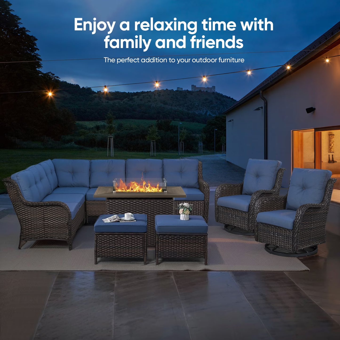 5-Piece High Back Outdoor Wicker Conversation Set with Swivel Chairs, Ottoman & 50,000 BTU Fire Pit Table - Patio Furniture Set for Deck, Porch, Poolside