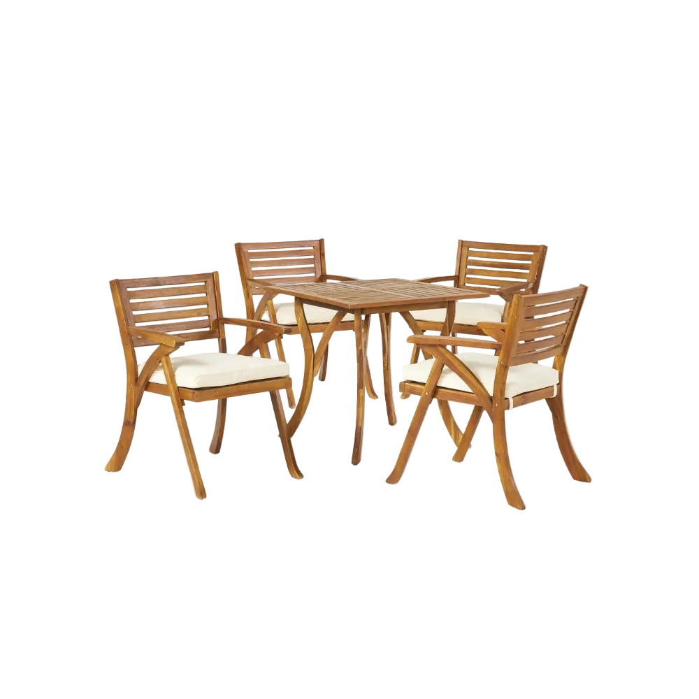 Hermosa 5‑Piece Outdoor Acacia Wood Dining Set with Water‑Resistant Beige Cushions — Teak Finish