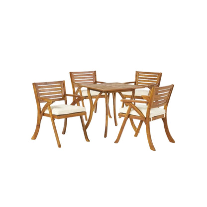 Hermosa 5‑Piece Outdoor Acacia Wood Dining Set with Water‑Resistant Beige Cushions — Teak Finish
