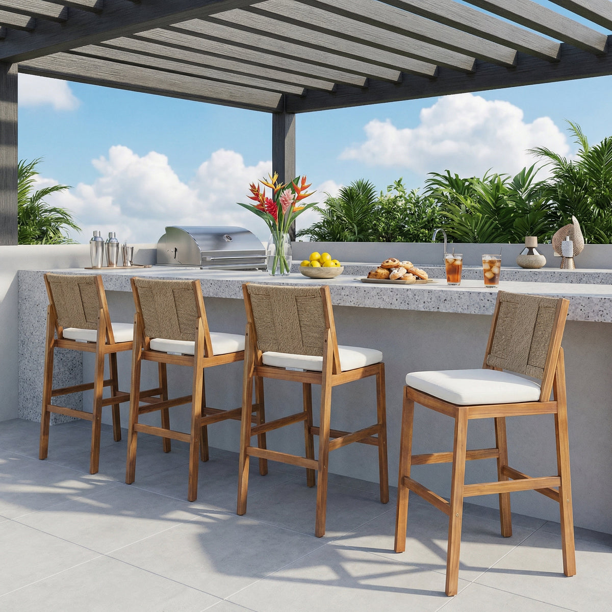 4‑Piece Acacia Wood Outdoor Bar Stool Set — Teak Finish with Woven Wicker & Cream Cushions