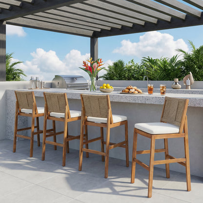 4‑Piece Acacia Wood Outdoor Bar Stool Set — Teak Finish with Woven Wicker & Cream Cushions