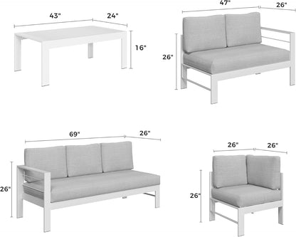 Aluminum Patio Furniture Set, Metal Patio Sectional Sofa with Imitation Wood Tabletop Coffee Table, Modern Outdoor Furniture Couch with Water-Resistant Cushion for Balcony Backyard, White