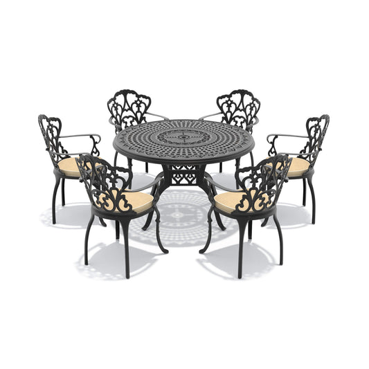 Alora 7-Piece Cast Aluminum Patio Furniture Set With Black Frame And Off-White Cushions