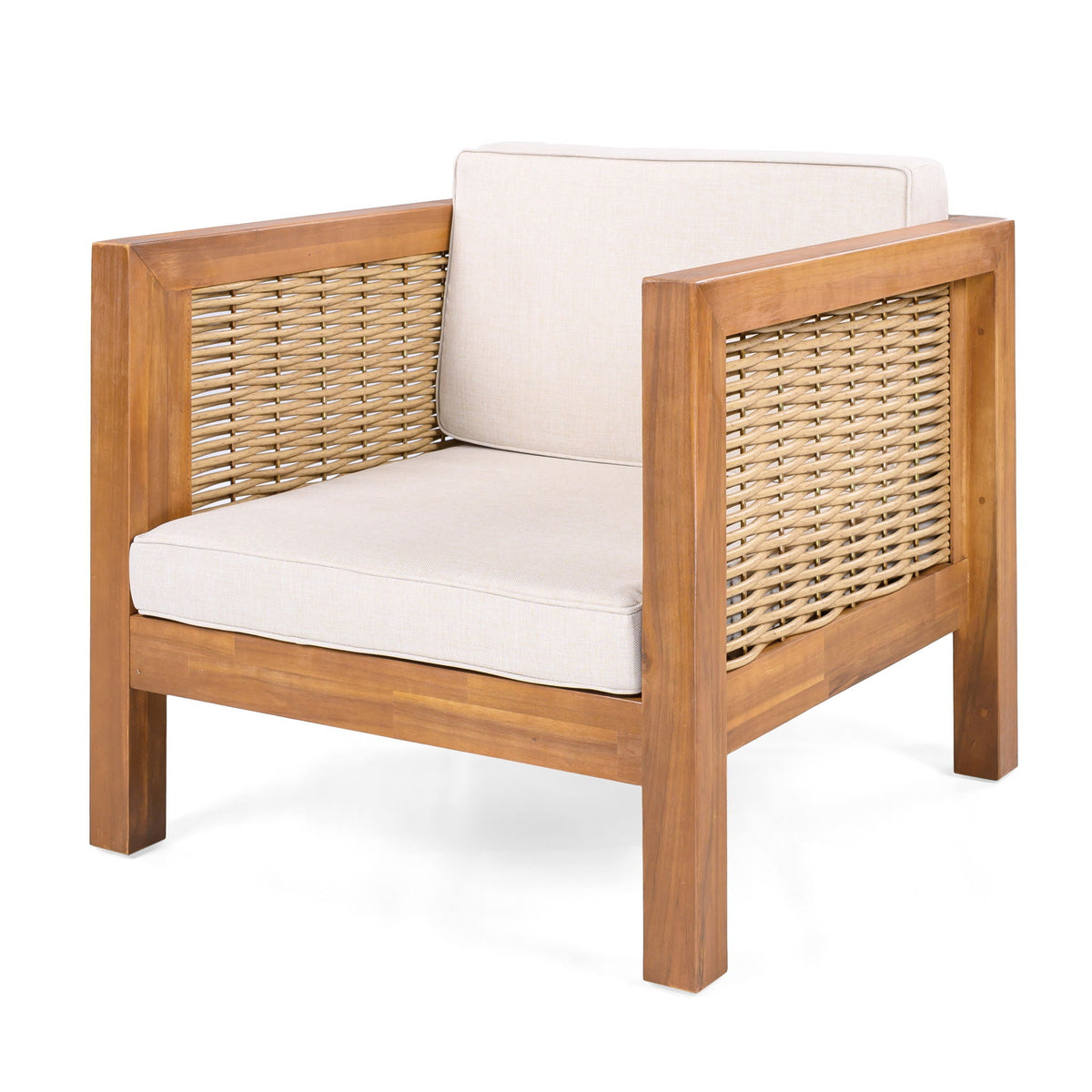 Acacia Wood Outdoor Club Chair, Weather‑Resistant with Wicker Armrests