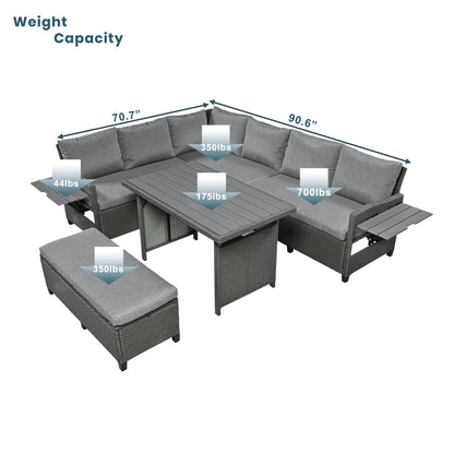 5-Piece L-Shaped Outdoor Rattan Sectional Sofa Set with Dining Table | Grey PE Wicker Patio Furniture