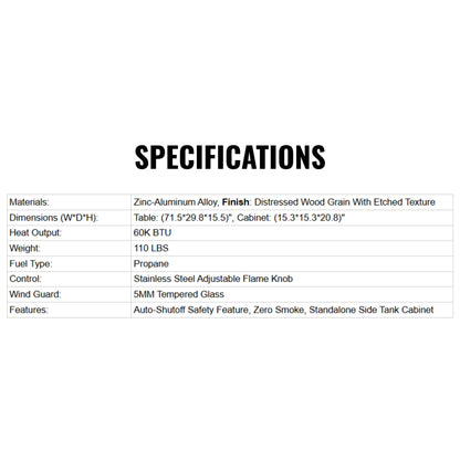 71" Outdoor 60,000 BTU Fire Pit Table with Tempered Glass Wind Guard