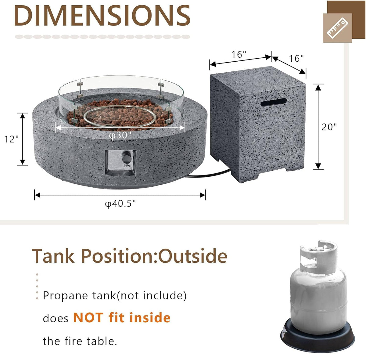 COSIEST 41 inch Outdoor Propane Fire Pit Coffee Table w Concrete Round Base Patio Heater, CSA Certified, 50,000 BTU Stainless Steel Burner, Free Lava Rocks, Rain Cover, Wind Guard, Tank Cover, Gray