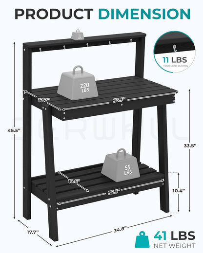 SERWALL Outdoor Potting Bench Set of 2 – All-Weather HDPE Garden Workstations with Storage Shelves & Hooks – Black