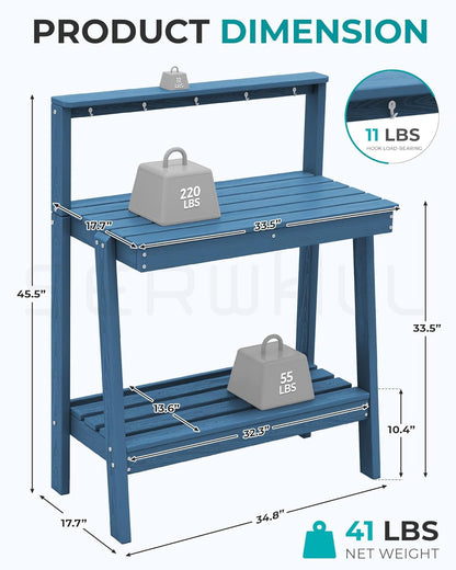 SERWALL Potting Bench Outdoor with Storage Set of 2, 3-Tier HDPE Gardening Table with Angled Legs & Tool Hooks, All-Weather Heavy Duty Potting Table for Patio, Backyard, Garden, Blue