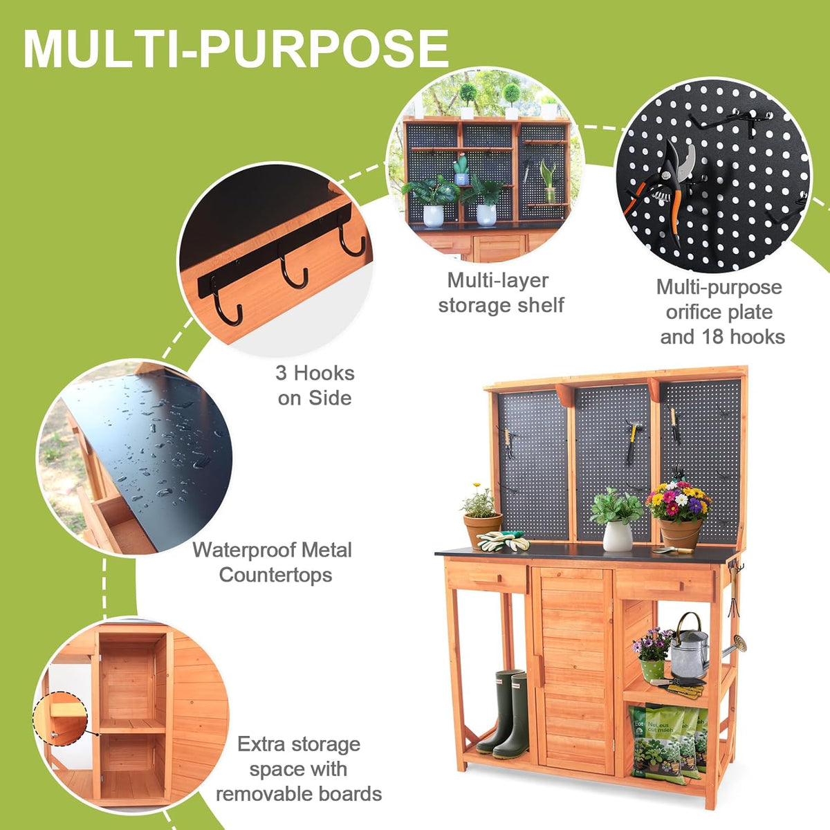 Agitree Outdoor Wooden Potting Bench – Fir Wood Garden Workstation with Metal Tabletop, Pegboard, Drawers & Storage Cabinet – Black