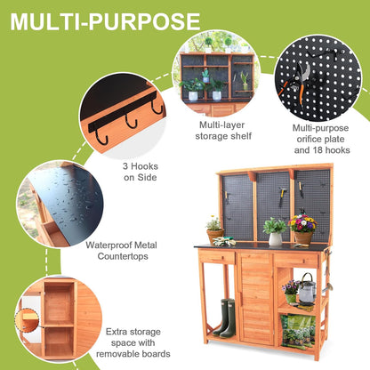 Agitree Outdoor Wooden Potting Bench – Fir Wood Garden Workstation with Metal Tabletop, Pegboard, Drawers & Storage Cabinet – Black
