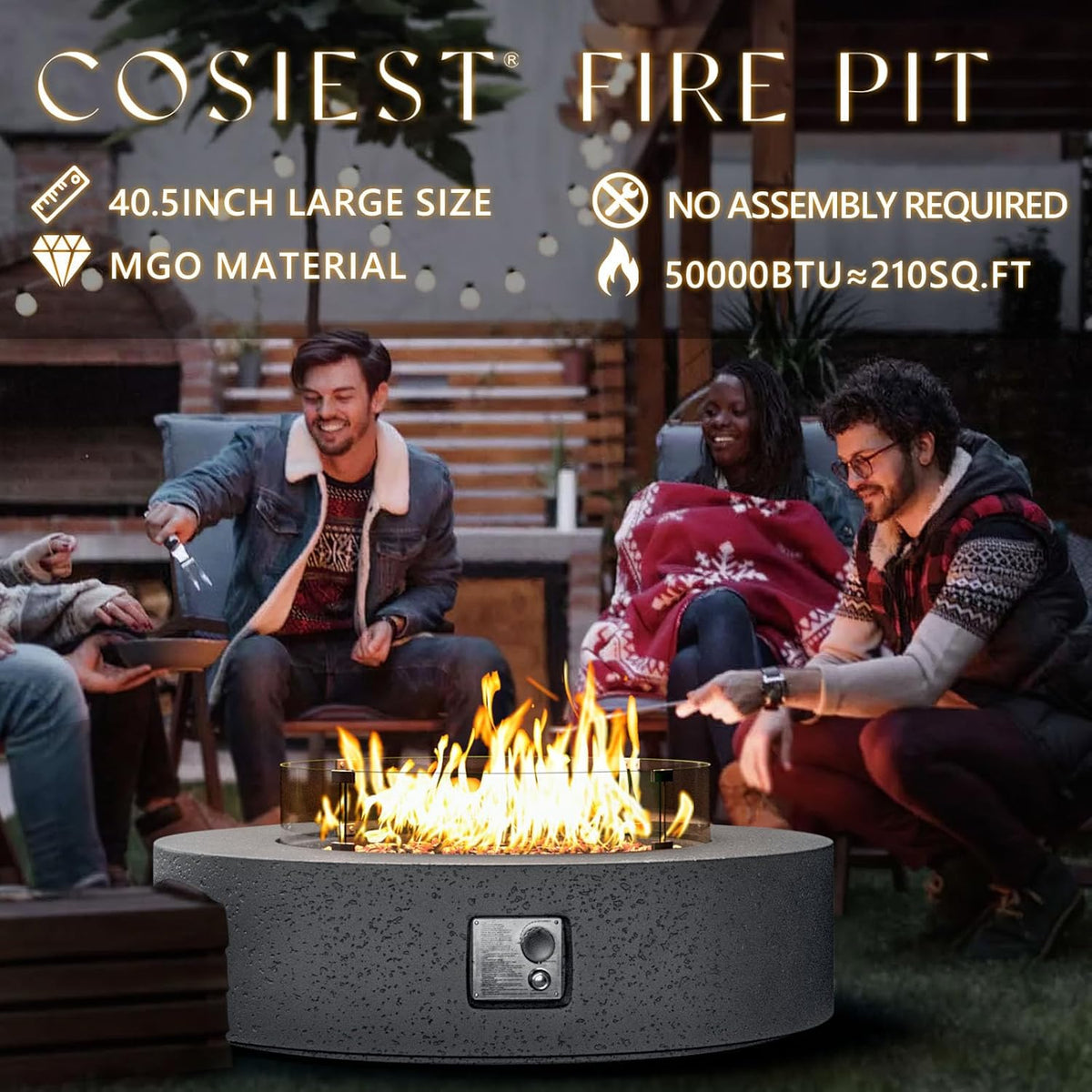 COSIEST 41 inch Outdoor Propane Fire Pit Coffee Table w Concrete Round Base Patio Heater, CSA Certified, 50,000 BTU Stainless Steel Burner, Free Lava Rocks, Rain Cover, Wind Guard, Tank Cover, Gray