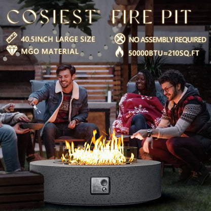 COSIEST 41 inch Outdoor Propane Fire Pit Coffee Table w Concrete Round Base Patio Heater, CSA Certified, 50,000 BTU Stainless Steel Burner, Free Lava Rocks, Rain Cover, Wind Guard, Tank Cover, Gray