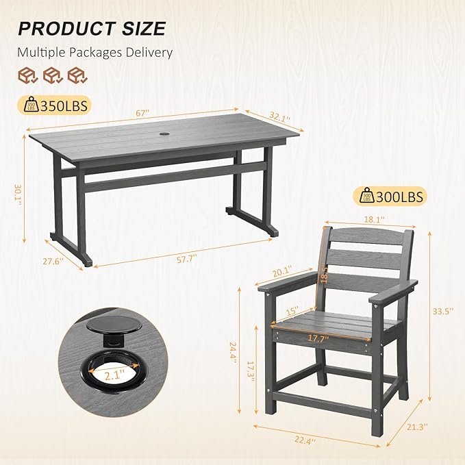 7-Piece HDPE Outdoor Dining Set – All-Weather Patio Table & 6 Chairs with Umbrella Hole – Gray