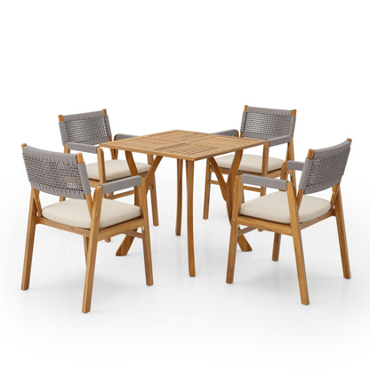 5 Piece Outdoor Rustic Patio Acacia Bistro Set With Cushions