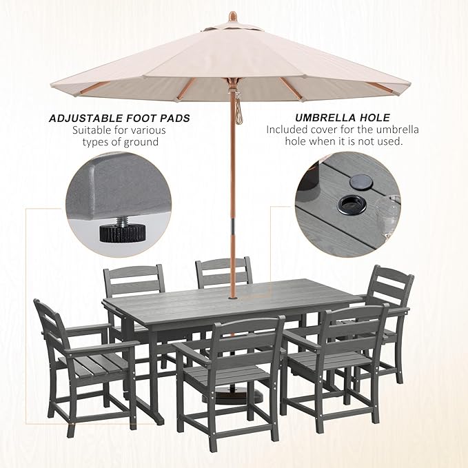 7-Piece HDPE Outdoor Dining Set – All-Weather Patio Table & 6 Chairs with Umbrella Hole – Gray