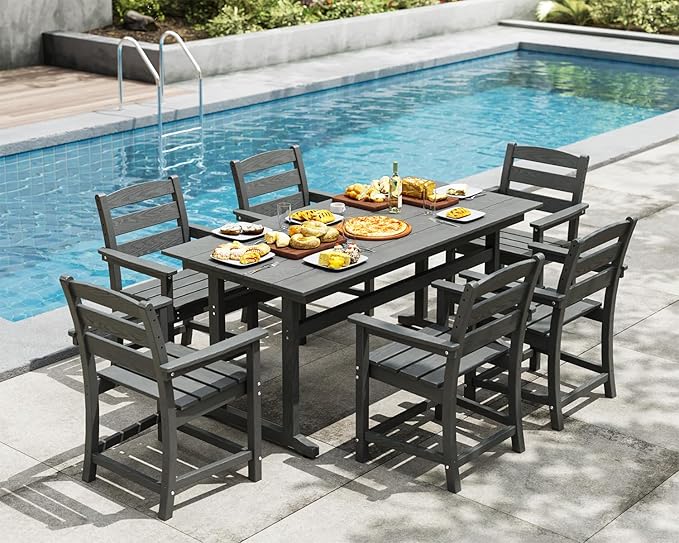 7-Piece HDPE Outdoor Dining Set – All-Weather Patio Table & 6 Chairs with Umbrella Hole – Gray