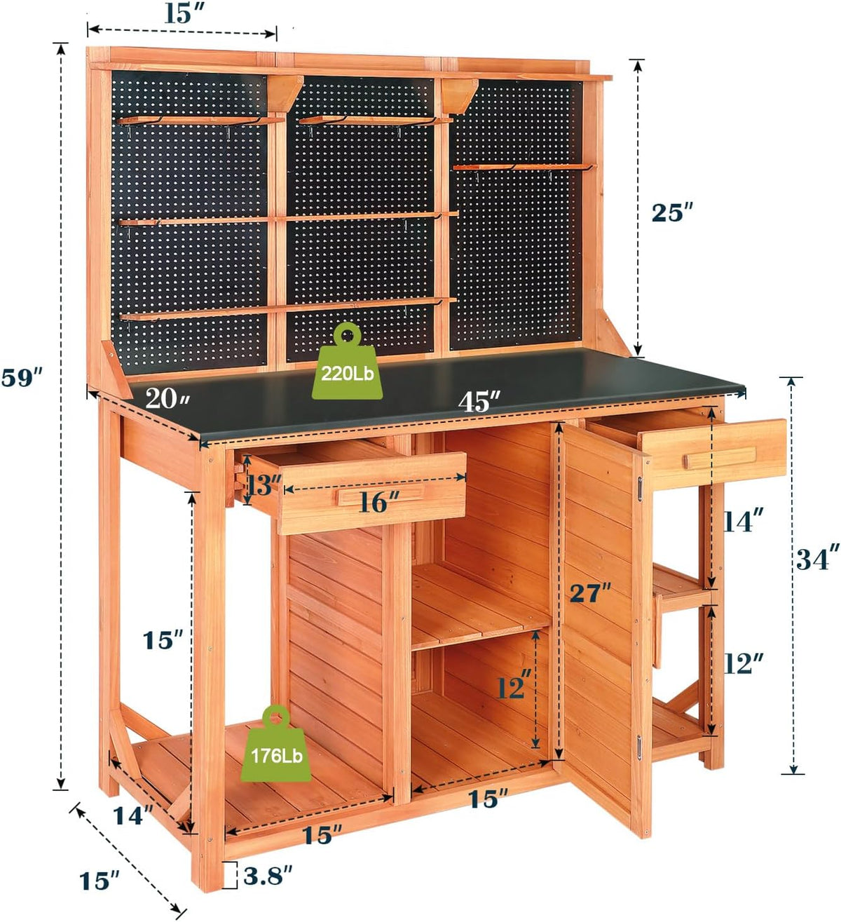 Agitree Outdoor Wooden Potting Bench – Fir Wood Garden Workstation with Metal Tabletop, Pegboard, Drawers & Storage Cabinet – Black