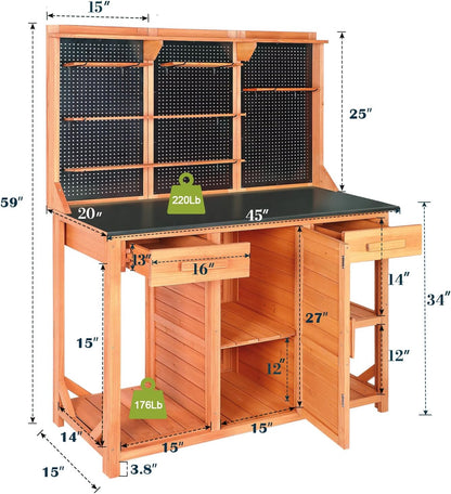 Agitree Outdoor Wooden Potting Bench – Fir Wood Garden Workstation with Metal Tabletop, Pegboard, Drawers & Storage Cabinet – Black