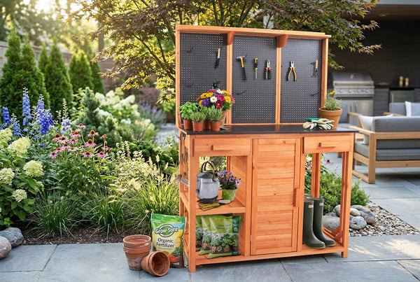 Agitree Outdoor Wooden Potting Bench – Fir Wood Garden Workstation with Metal Tabletop, Pegboard, Drawers & Storage Cabinet – Black