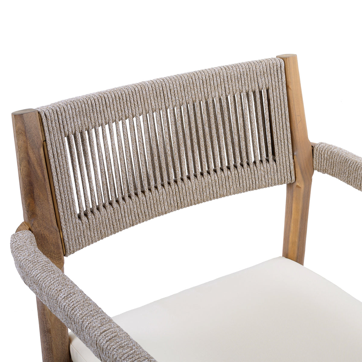 raided Acacia Outdoor Dining Chair Set of 4 — Teak Look with Beige Rope & Cream Cushions