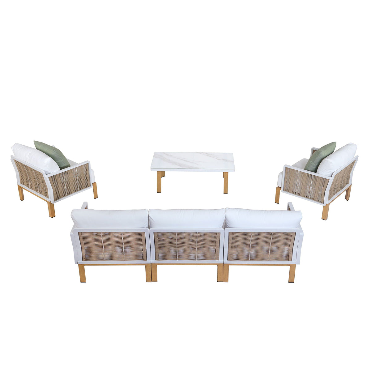 Vine 4‑Piece Outdoor Conversation Set with Convertible Sectionals & Marble‑Design Table – White