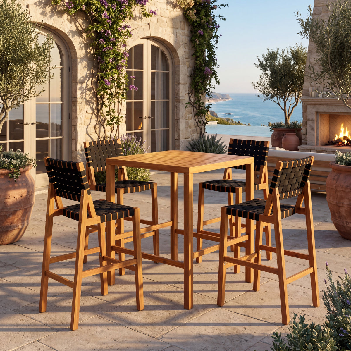 Acacia Wood Bar‑Height Patio Dining Set — 5‑Piece Square Table & Woven Bar Chairs