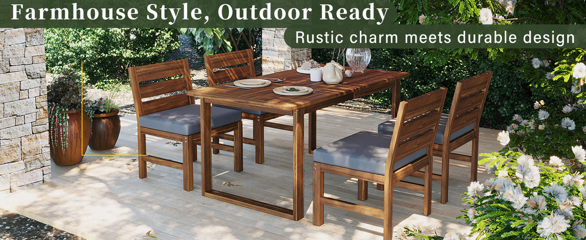 5‑Piece Acacia Wood Outdoor Farmhouse Dining Set with Cushions – Natural Finish