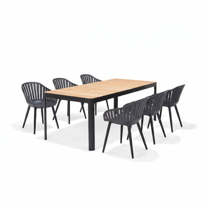 Portals Dark Rectangular Teak Table and 6 Nassau Black Aluminum Dining Set