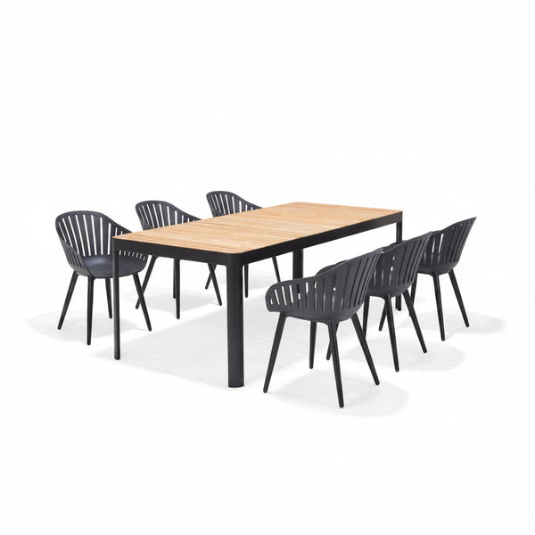 Portals Dark Rectangular Teak Table and 6 Nassau Black Aluminum Dining Set