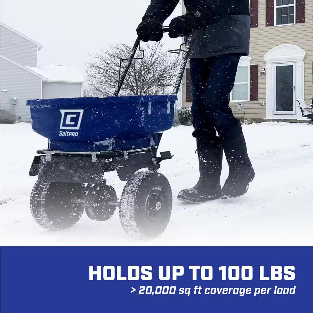 88800B Broadcast Spreader, Rock Salt, Ice Melt, Adjustable Baffles, 12" Tires, Enclosed Greased Gears, Cover, 100Lbs