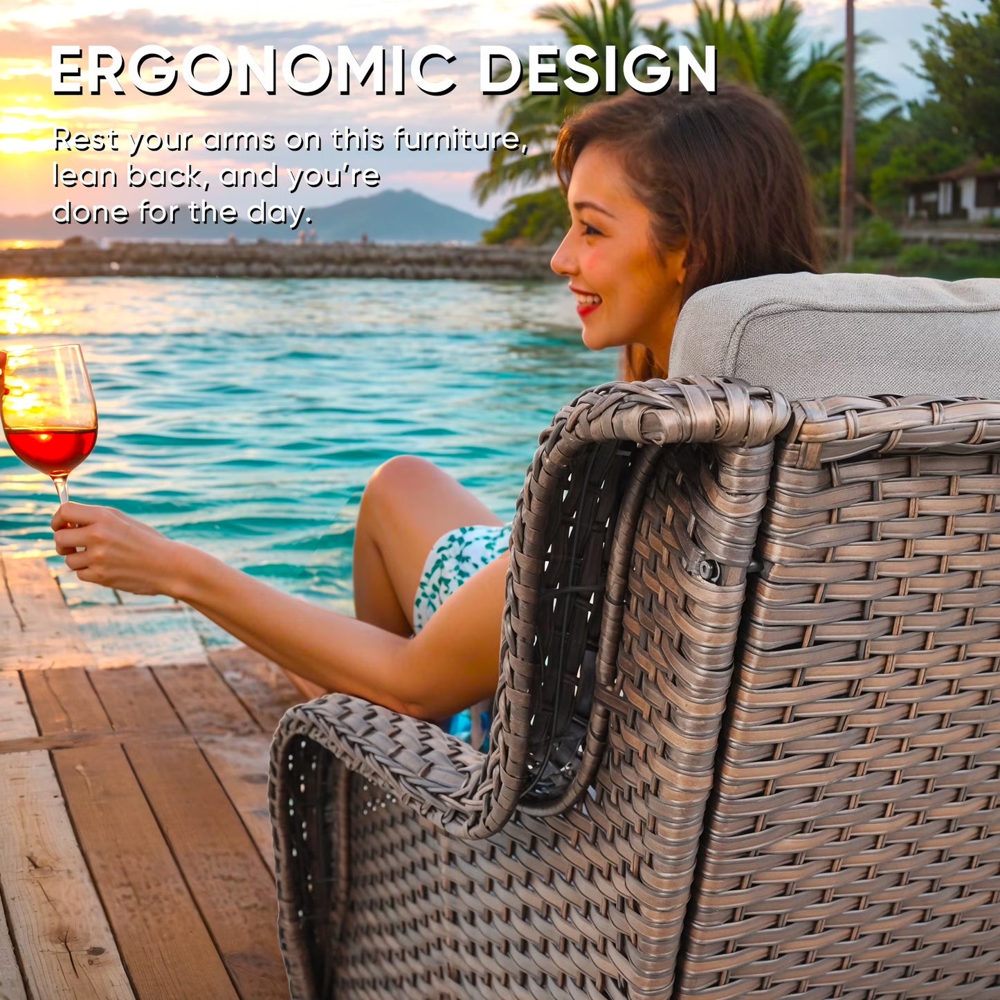 5-Piece High Back Outdoor Wicker Conversation Set with Swivel Chairs, Ottoman & 50,000 BTU Fire Pit Table - Patio Furniture Set for Deck, Porch, Poolside