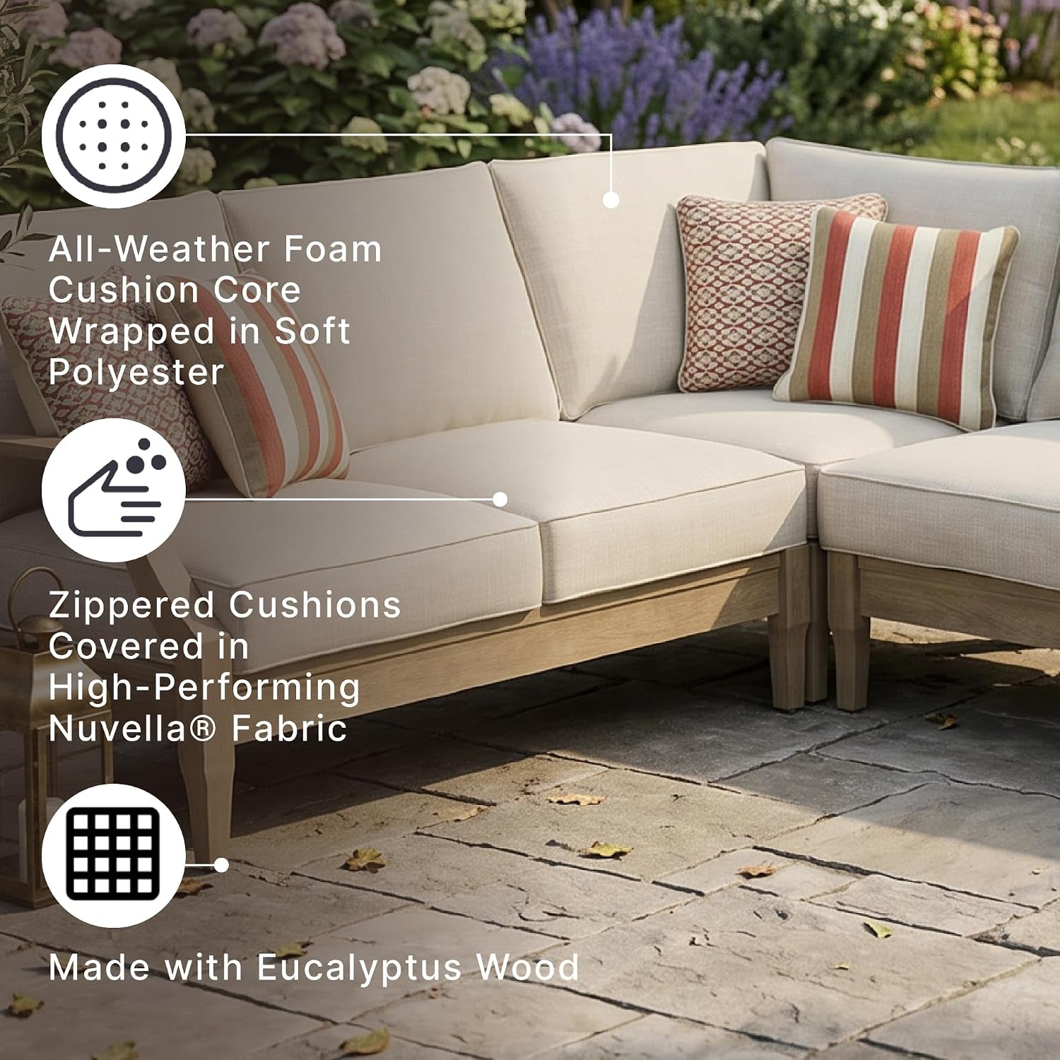 Signature Design by Ashley 4-Piece L-Shape Clare View Outdoor Sectional, Patio Conversation Furniture Set, Eucalyptus Wood with Nuvella Fabric Cushions for Backyard, Beige