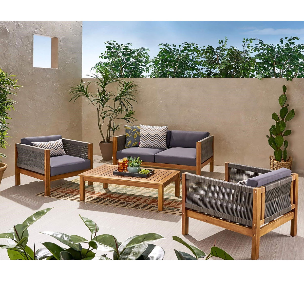 Charlotte Acacia Wood & Rope Outdoor Chat Set with Cushions – 4‑Piece