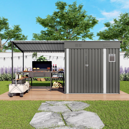 2-in-1 Metal Lean-To Storage Shed & Hardtop Pergola Combo, 12x4 ft – Gray