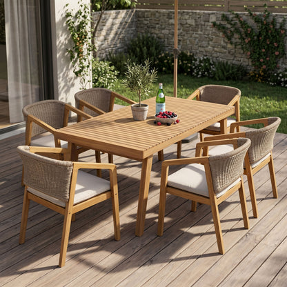 7-Piece Outdoor Acacia Wood Dining Set, 69" Rectangular Patio Table & 6 Mix