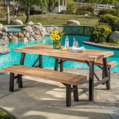 Acacia Wood Outdoor Dining Set with 2 Benches & Slat‑Panel Table – Light Brown