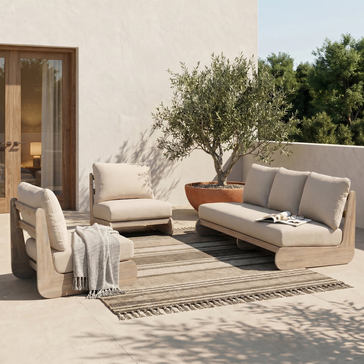 Outdoor Acacia Lazy 5‑Seater Chat Set with Water‑Repellent Cushions – Teak Finish