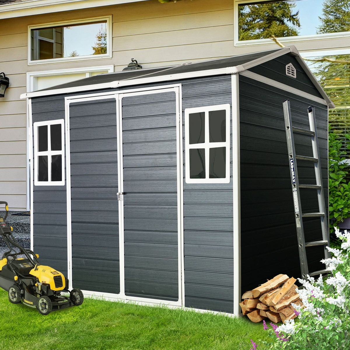 Resin Outdoor Storage Shed with Floor & Lockable Door - Gray or Black
