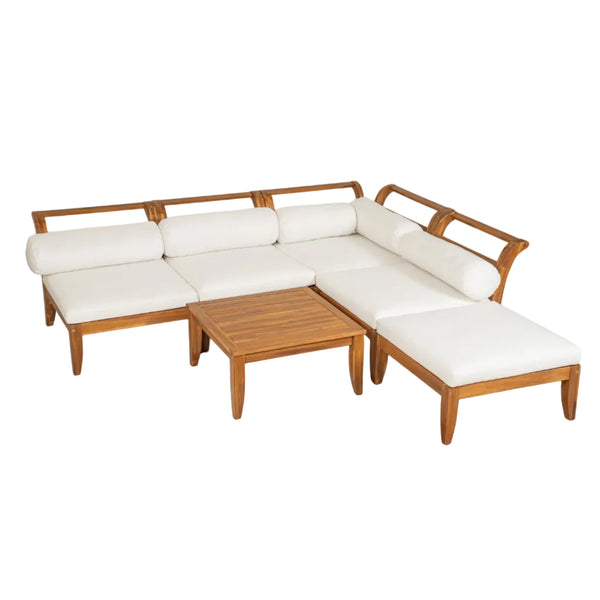 6 Piece Acacia Wood Outdoor Modular Sectional with Daybed and Tea Table