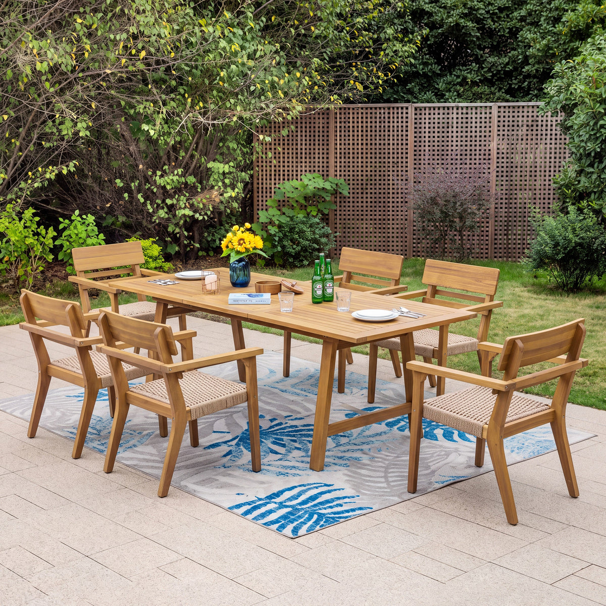 Extendable Acacia Wood Outdoor Dining Set with Wicker Chairs 7-Piece