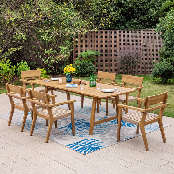 Extendable Acacia Wood Outdoor Dining Set with Wicker Chairs 7-Piece