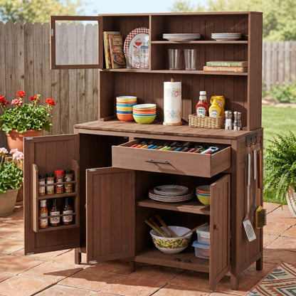 Solid Fir Wood Potting Bench with Hutch - Brown or Gray
