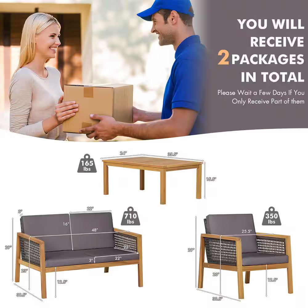 4PCS Patio Acacia Wood Furniture Set PE Rattan Conversation Set W/Grey Cushions