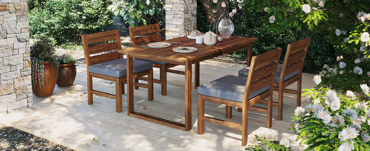 5‑Piece Acacia Wood Outdoor Farmhouse Dining Set with Cushions – Natural Finish