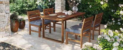 5‑Piece Acacia Wood Outdoor Farmhouse Dining Set with Cushions – Natural Finish