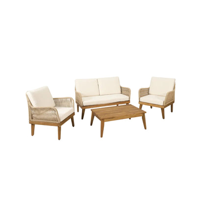 Hueber 4‑Piece Acacia Wood Outdoor Chat Set with Rope Detailing & Water‑Resistant Cushions
